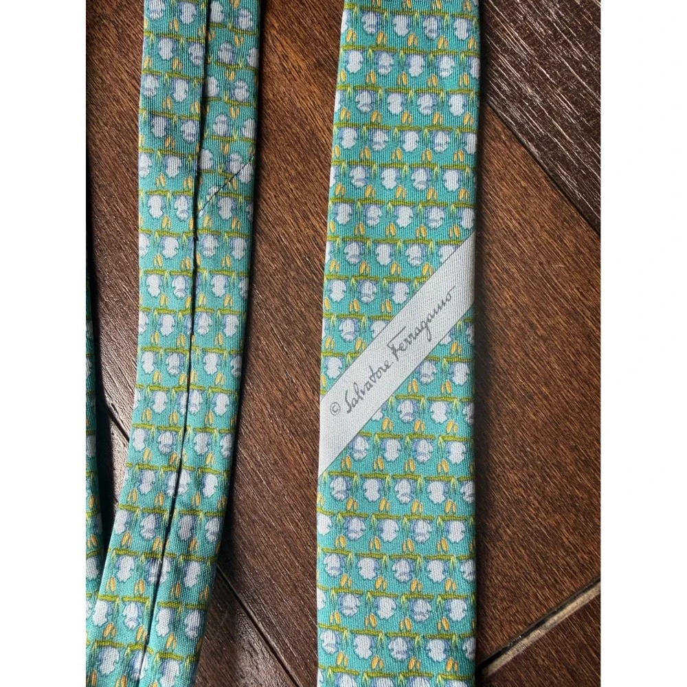 Salvatore Ferragamo Silk Tie OS Teal Green Italian Designer Floral luxury